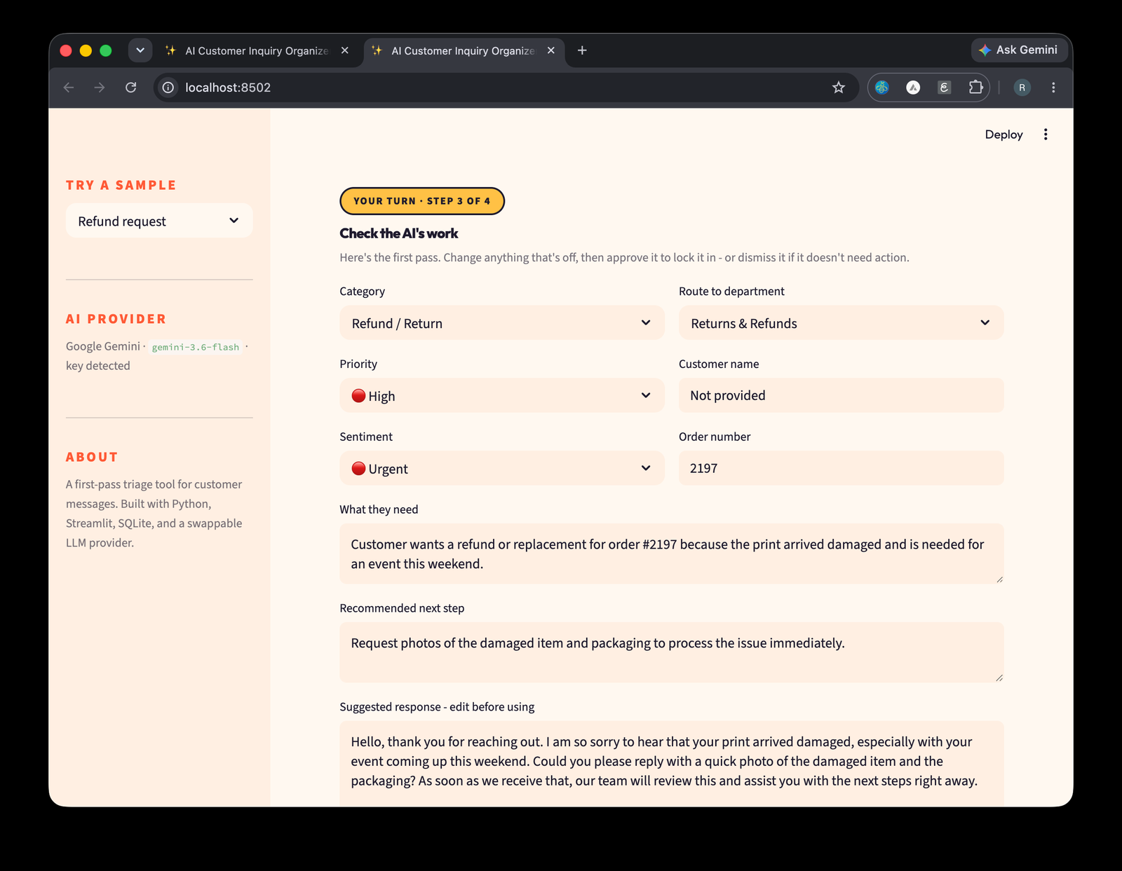 AI Customer Inquiry Organizer interface showing editable AI-generated category, priority, sentiment, routing, order information, next step, and response draft.
